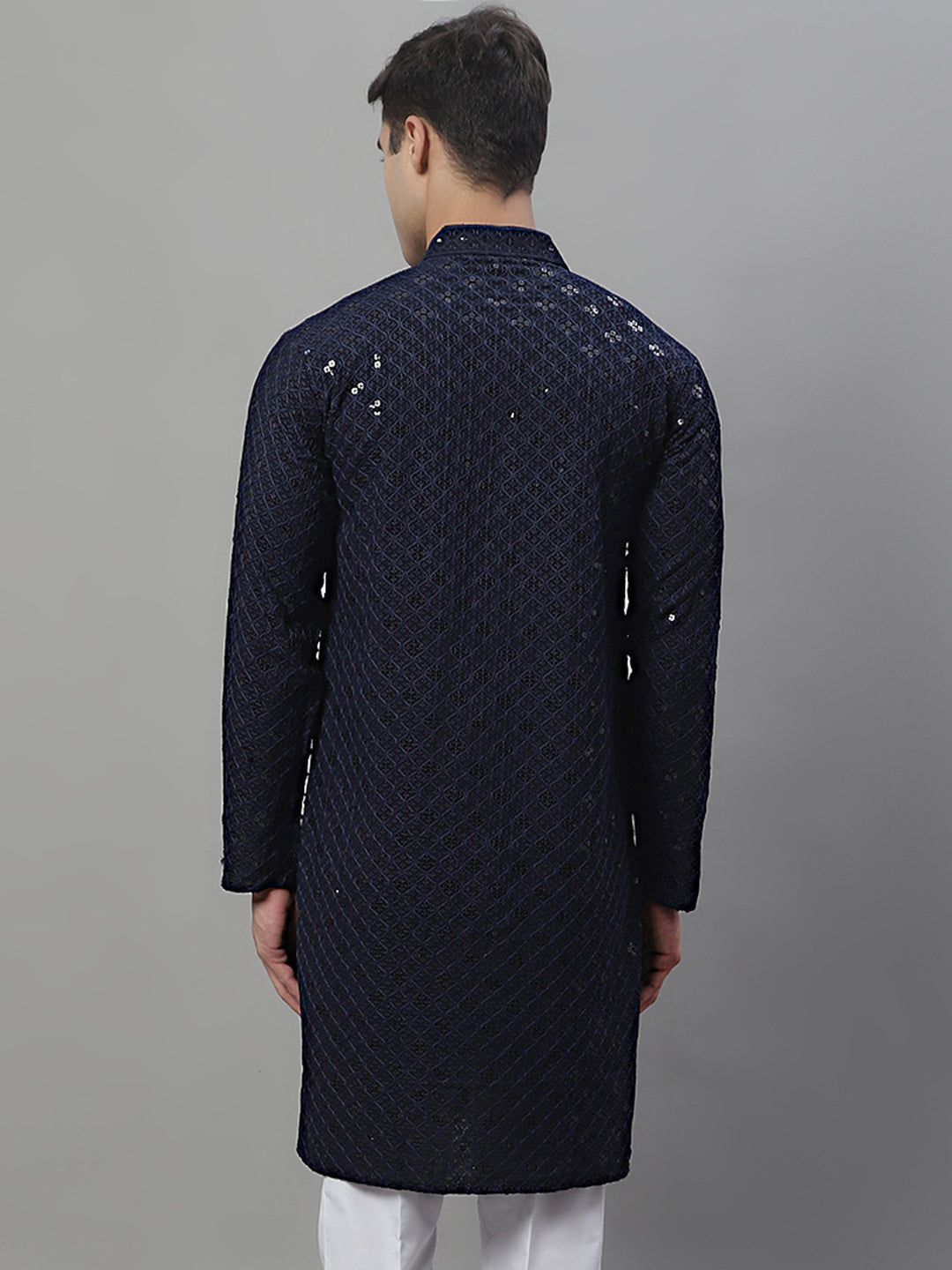 Jompers Men's Navy Blue Chikankari Embroidered and Sequence Kurta