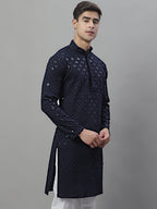 Jompers Men's Navy Blue Chikankari Embroidered and Sequence Kurta