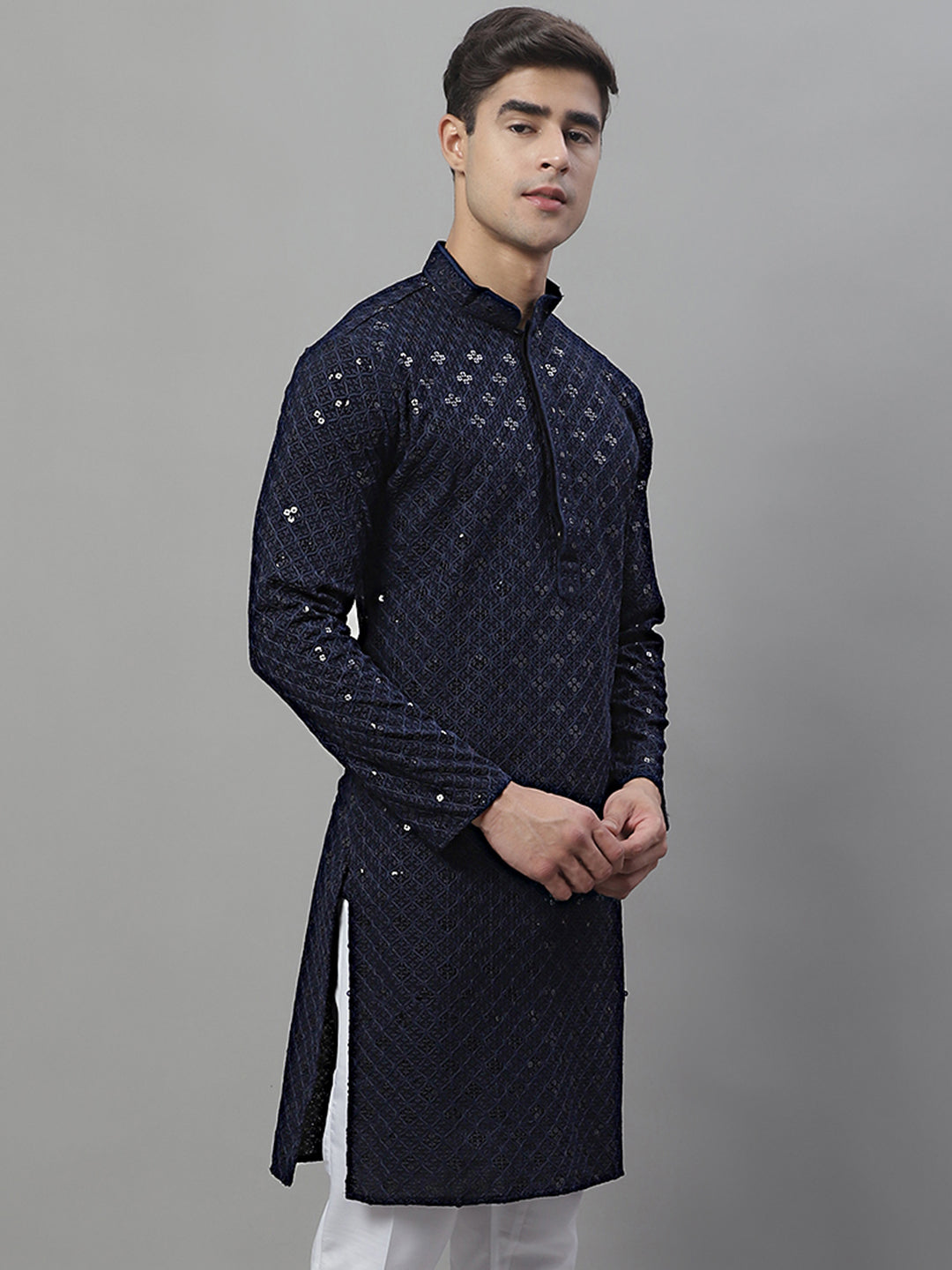Jompers Men's Navy Blue Chikankari Embroidered and Sequence Kurta