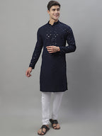 Jompers Men's Navy Blue Chikankari Embroidered and Sequence Kurta
