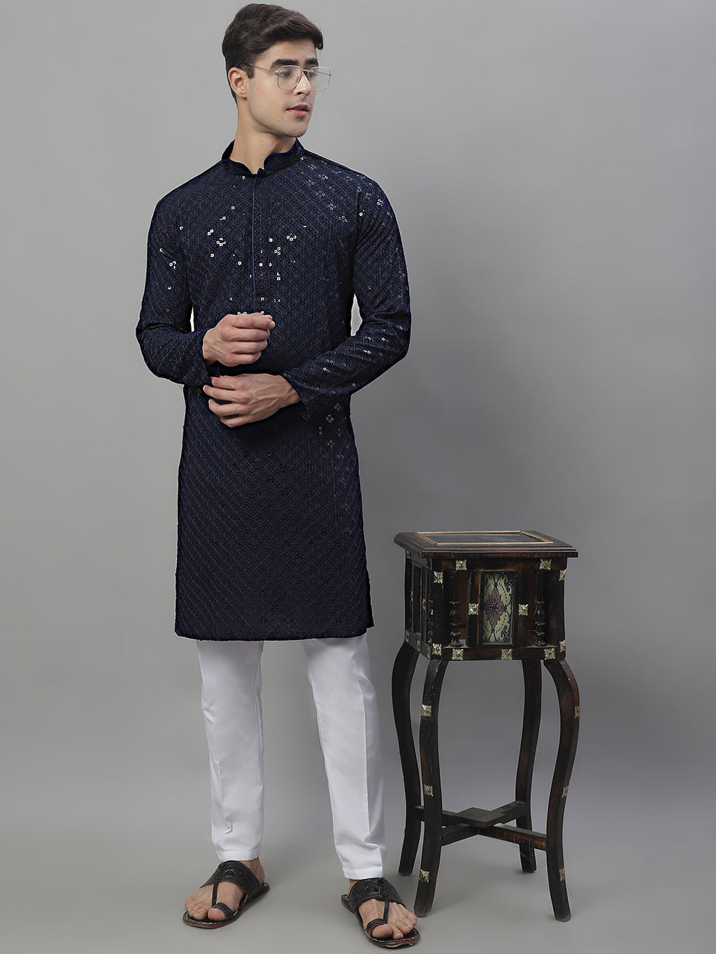Jompers Men's Navy Blue Chikankari Embroidered and Sequence Kurta