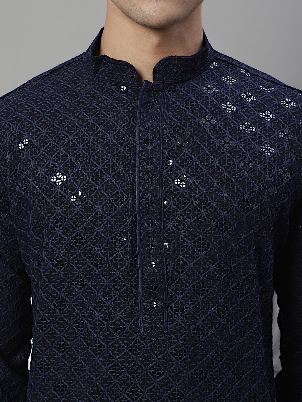 Jompers Men's Navy Blue Chikankari Embroidered and Sequence Kurta