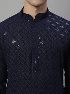 Jompers Men's Navy Blue Chikankari Embroidered and Sequence Kurta