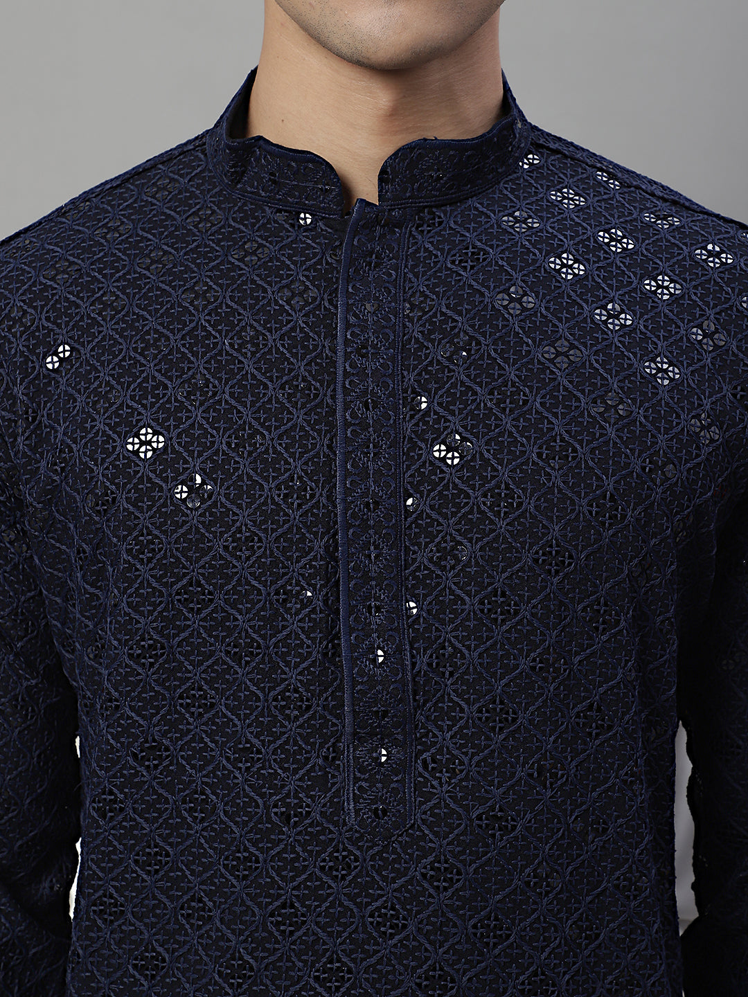 Jompers Men's Navy Blue Chikankari Embroidered and Sequence Kurta
