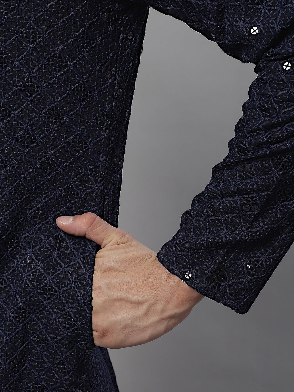 Jompers Men's Navy Blue Chikankari Embroidered and Sequence Kurta