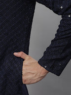 Jompers Men's Navy Blue Chikankari Embroidered and Sequence Kurta