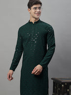 Jompers Men's Olive Green Chikankari Embroidered and Sequence Kurta