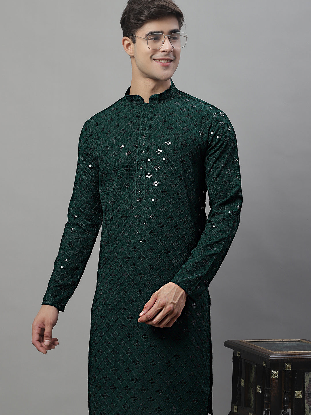 Jompers Men's Olive Green Chikankari Embroidered and Sequence Kurta