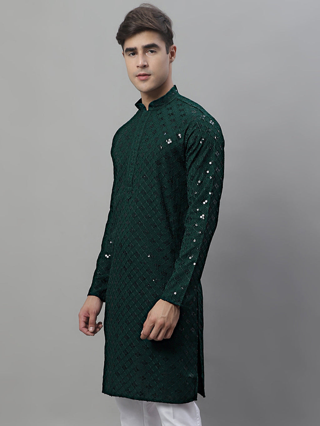 Jompers Men's Olive Green Chikankari Embroidered and Sequence Kurta