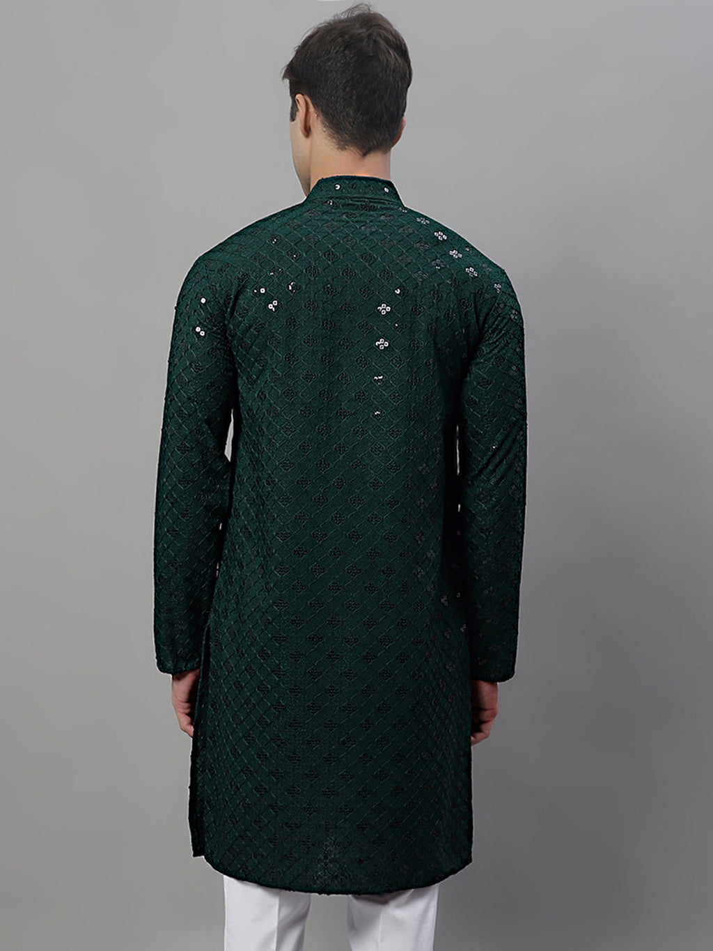 Jompers Men's Olive Green Chikankari Embroidered and Sequence Kurta