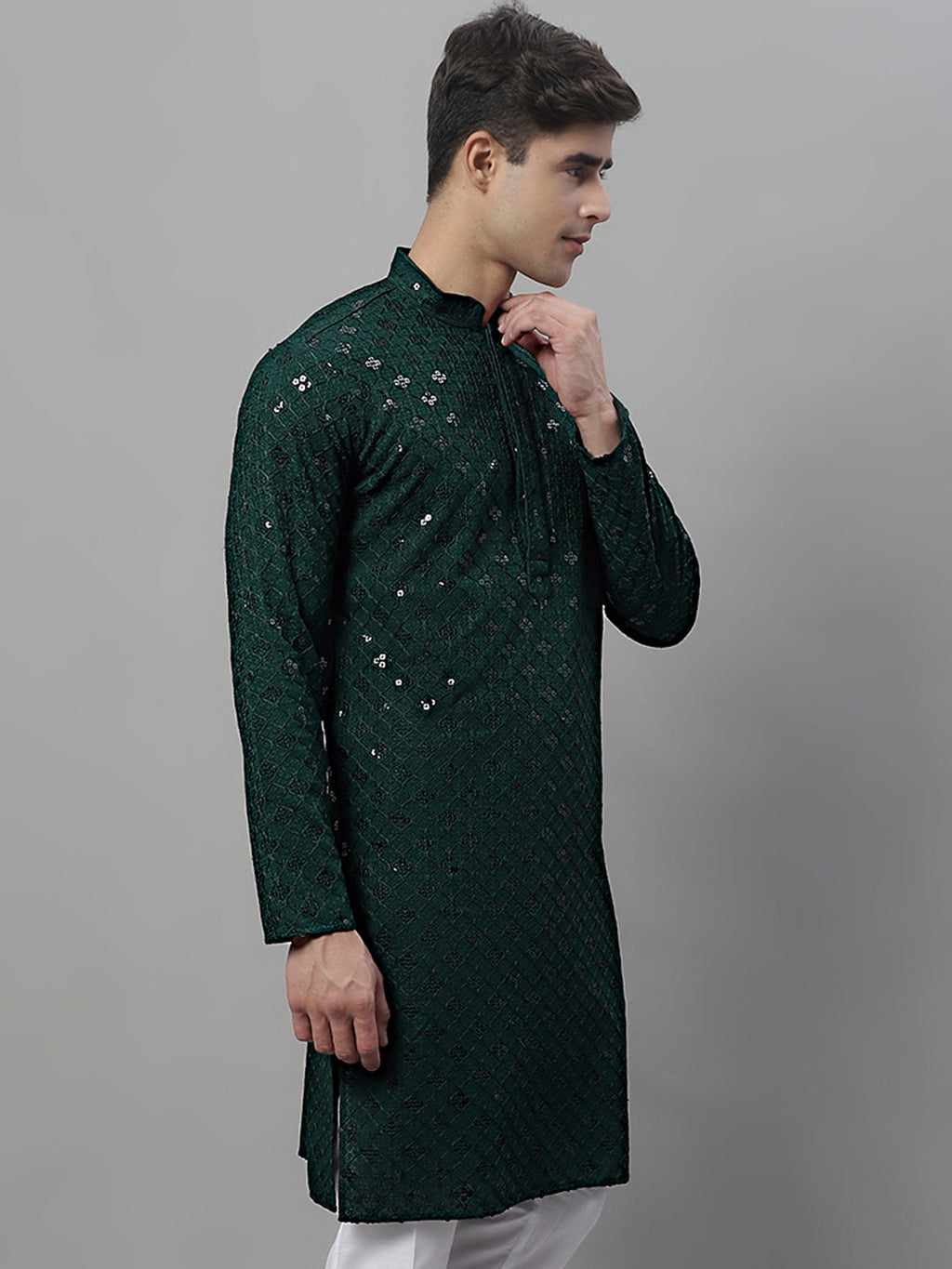 Jompers Men's Olive Green Chikankari Embroidered and Sequence Kurta