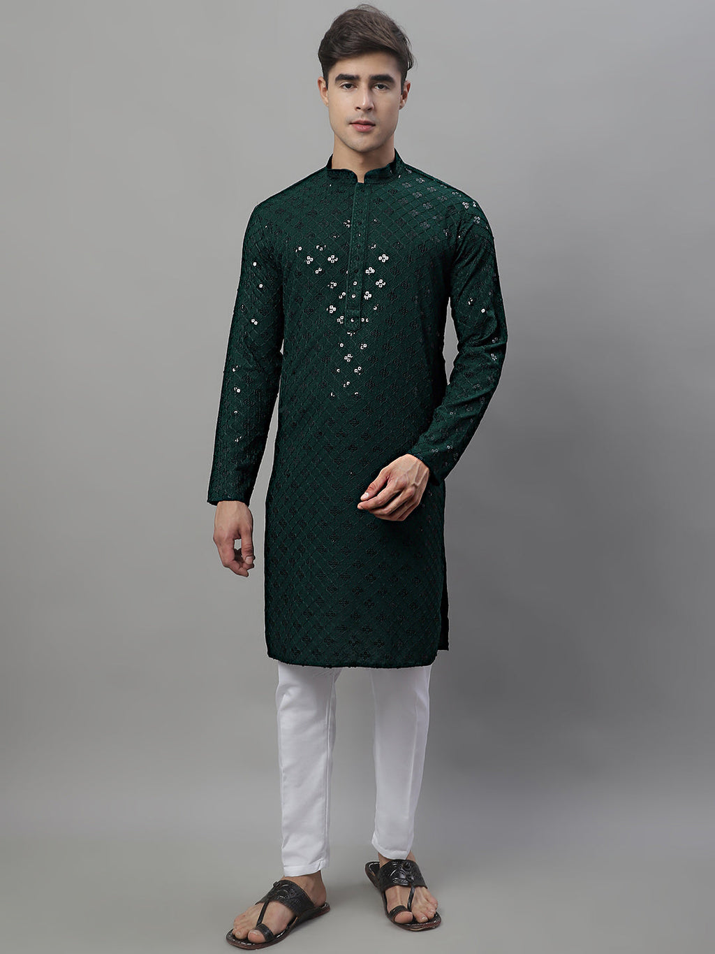 Jompers Men's Olive Green Chikankari Embroidered and Sequence Kurta