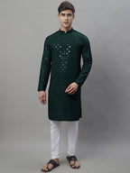 Jompers Men's Olive Green Chikankari Embroidered and Sequence Kurta