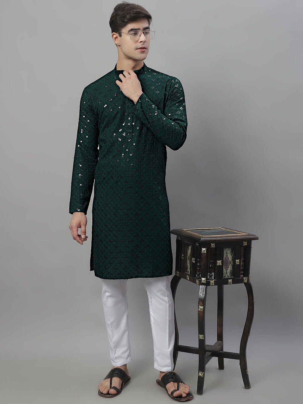 Jompers Men's Olive Green Chikankari Embroidered and Sequence Kurta