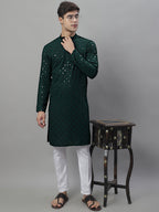 Jompers Men's Olive Green Chikankari Embroidered and Sequence Kurta