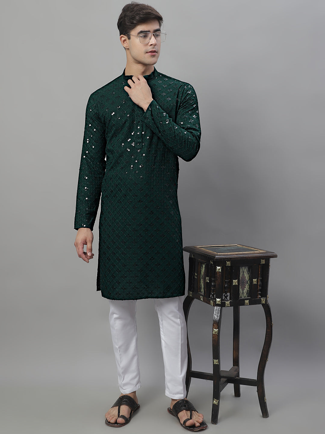 Jompers Men's Olive Green Chikankari Embroidered and Sequence Kurta