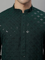 Jompers Men's Olive Green Chikankari Embroidered and Sequence Kurta