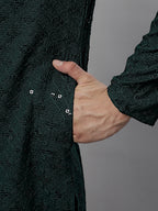 Jompers Men's Olive Green Chikankari Embroidered and Sequence Kurta