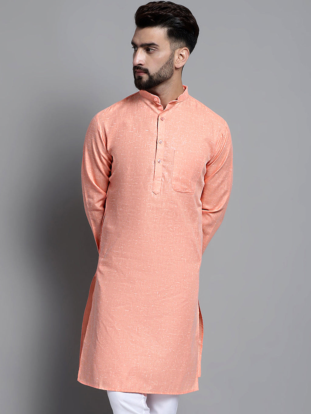 Jompers Men's Solid Pure Cotton Kurta Only - Peach