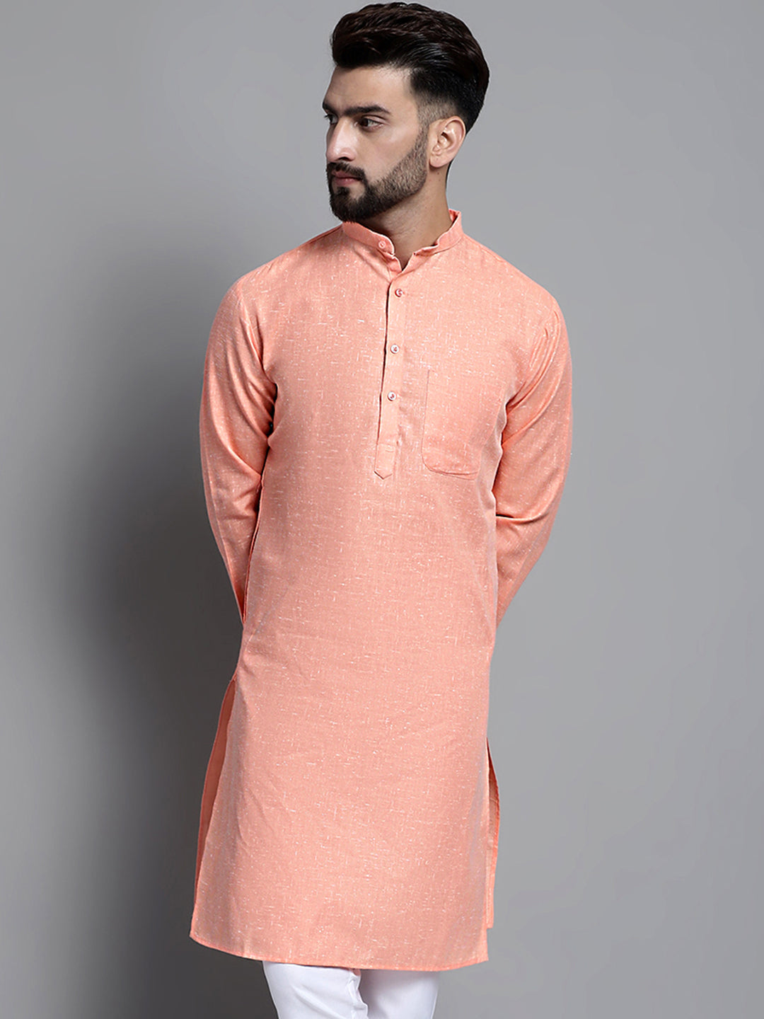 Jompers Men's Solid Pure Cotton Kurta Only - Peach