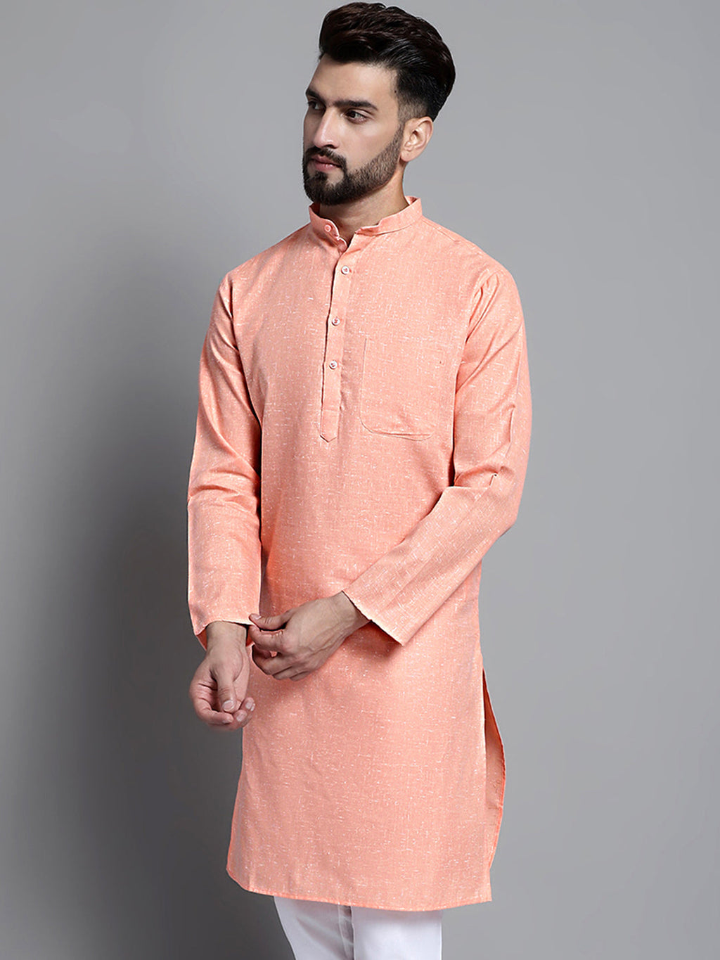 Jompers Men's Solid Pure Cotton Kurta Only - Peach