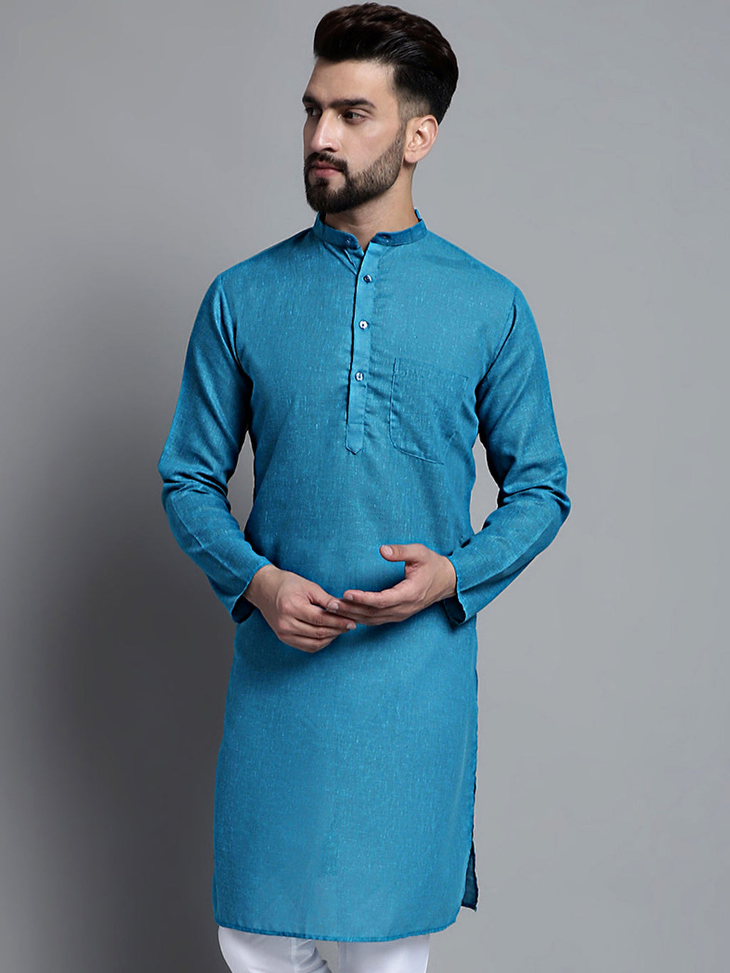 Jompers Men's Solid Pure Cotton Kurta Only - Peacock