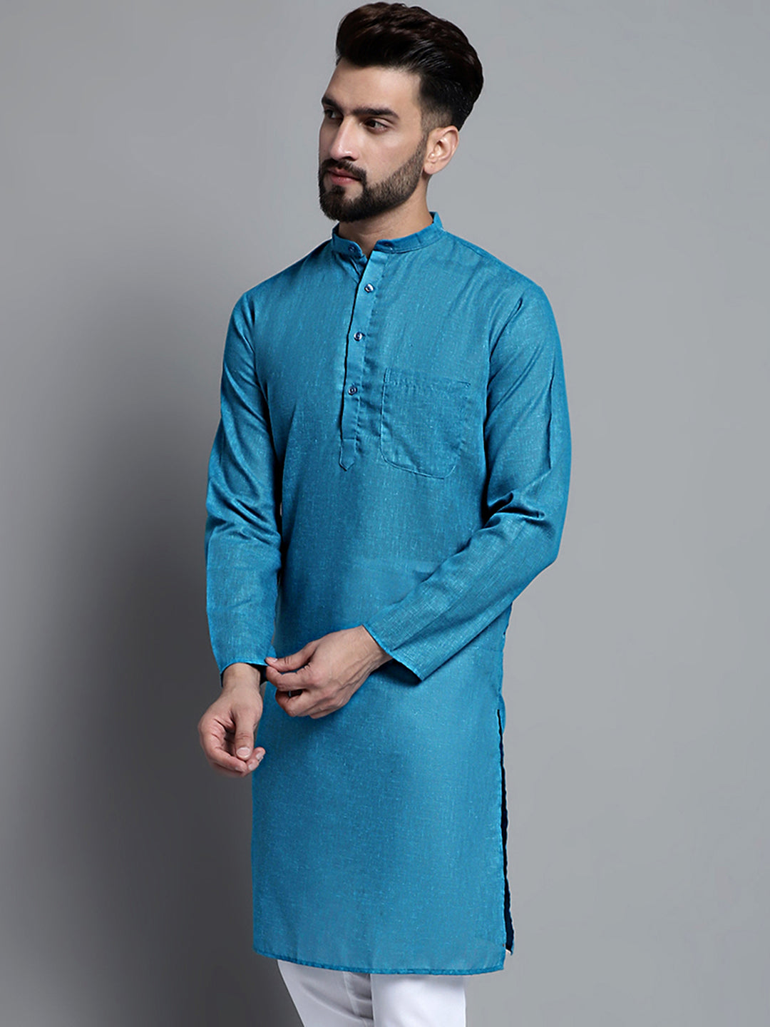 Jompers Men's Solid Pure Cotton Kurta Only - Peacock