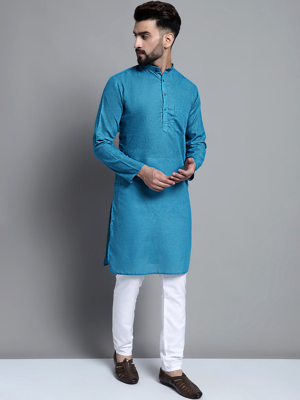 Jompers Men's Solid Pure Cotton Kurta Only - Peacock