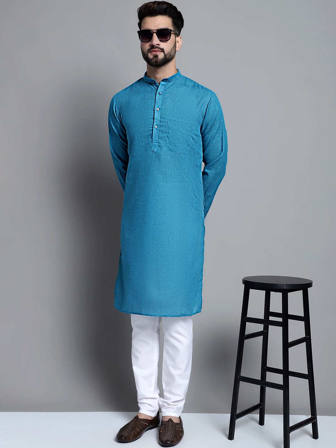 Jompers Men's Solid Pure Cotton Kurta Only - Peacock