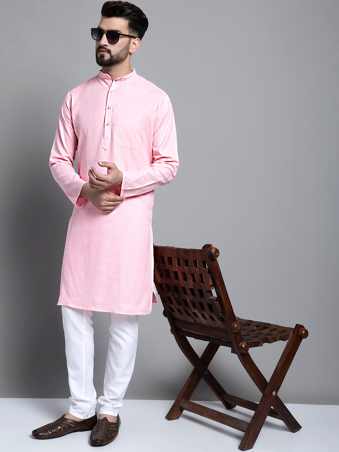 Jompers Men's Solid Pure Cotton Kurta Only - Pink