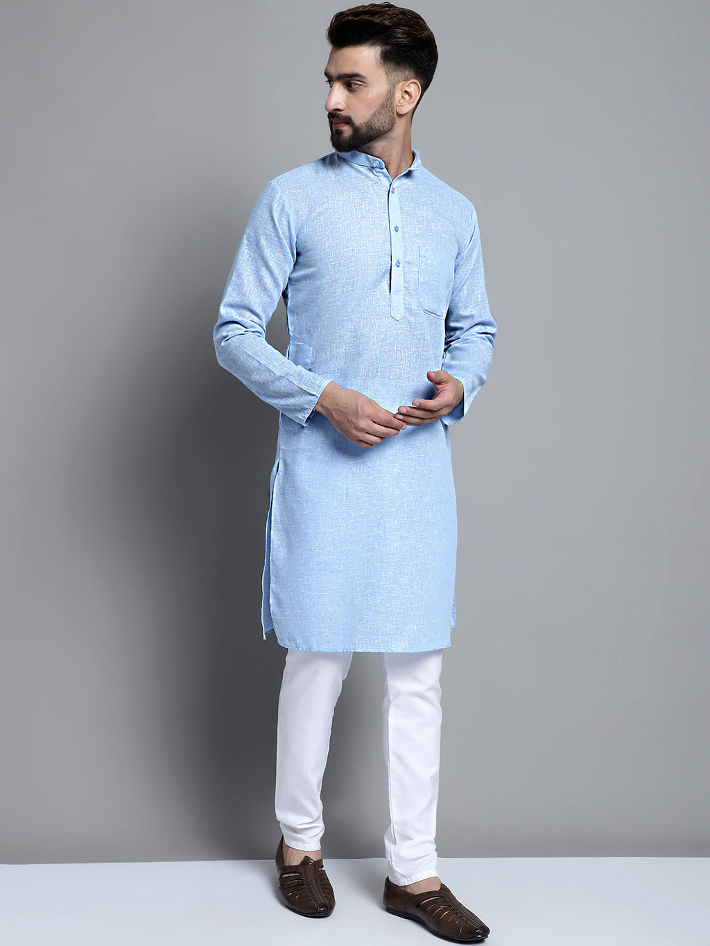 Jompers Men's Solid Pure Cotton Kurta Only - Sky Blue