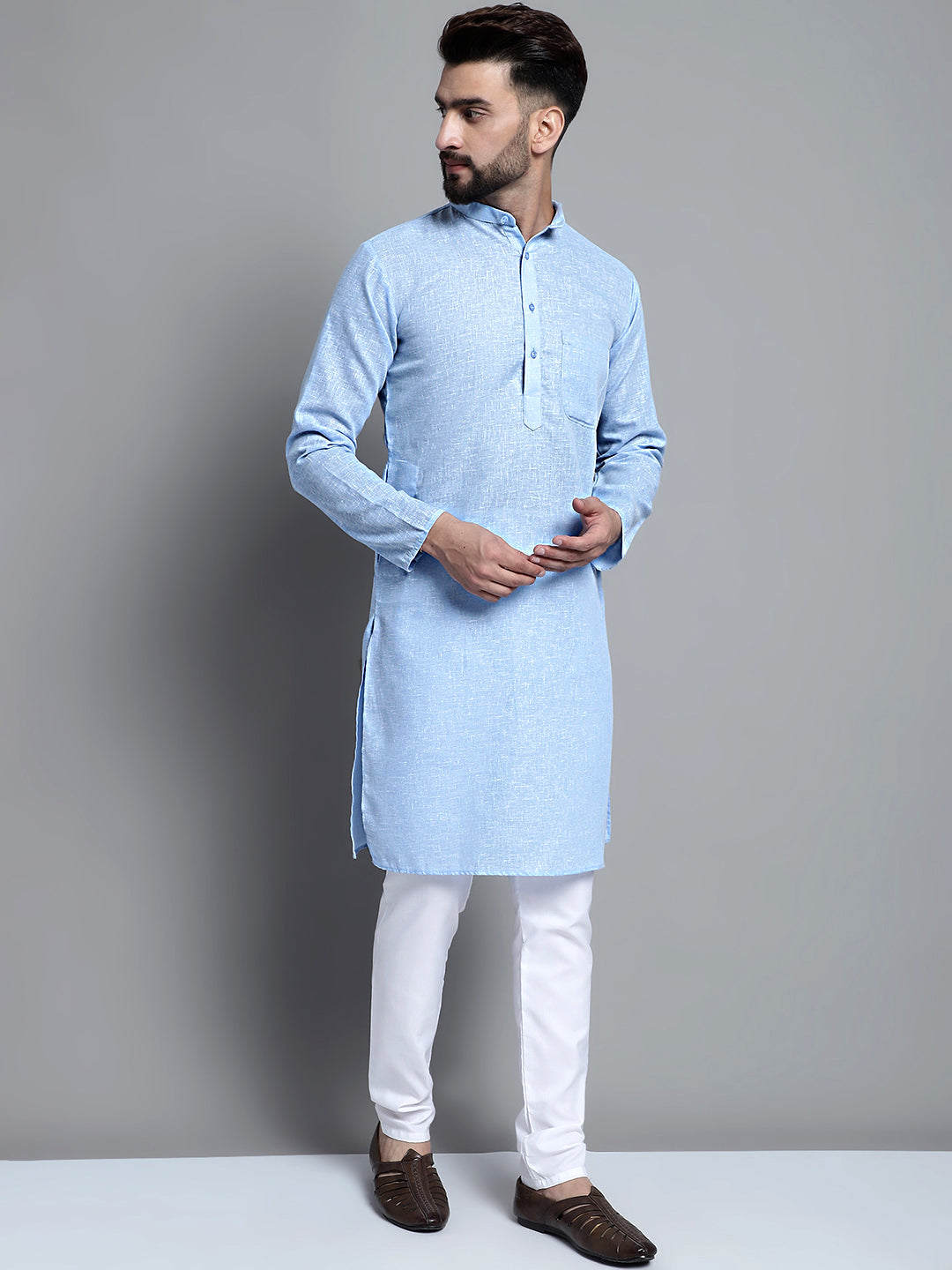 Jompers Men's Solid Pure Cotton Kurta Only - Sky Blue