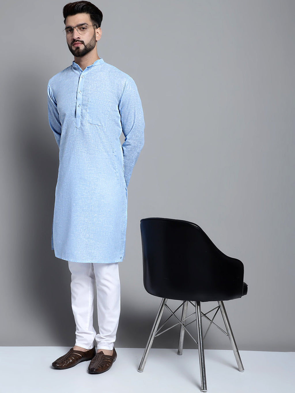 Jompers Men's Solid Pure Cotton Kurta Only - Sky Blue