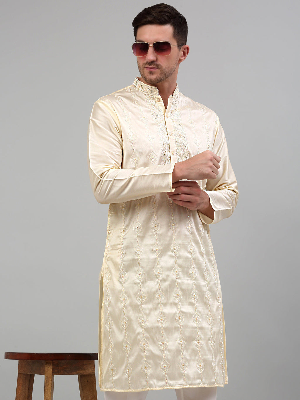 Jompers Men's Cream Embroidered Kurta Only
