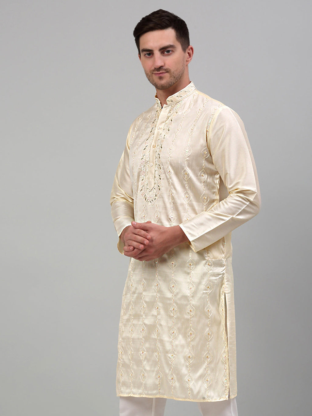 Jompers Men's Cream Embroidered Kurta Only