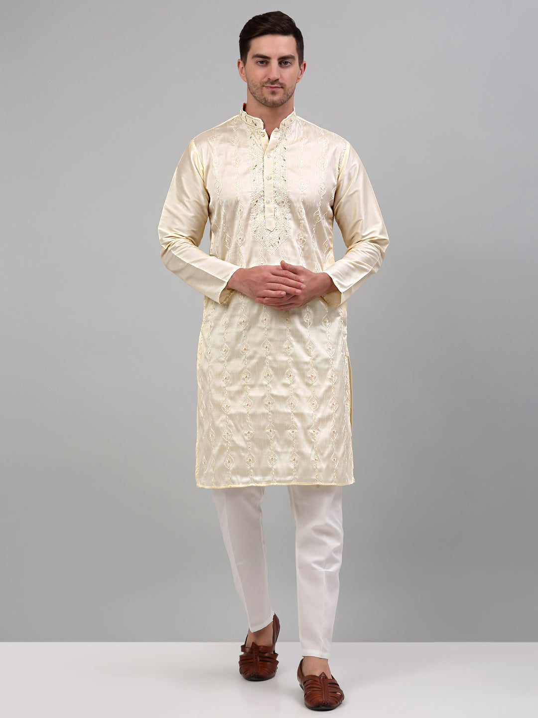 Jompers Men's Cream Embroidered Kurta Only
