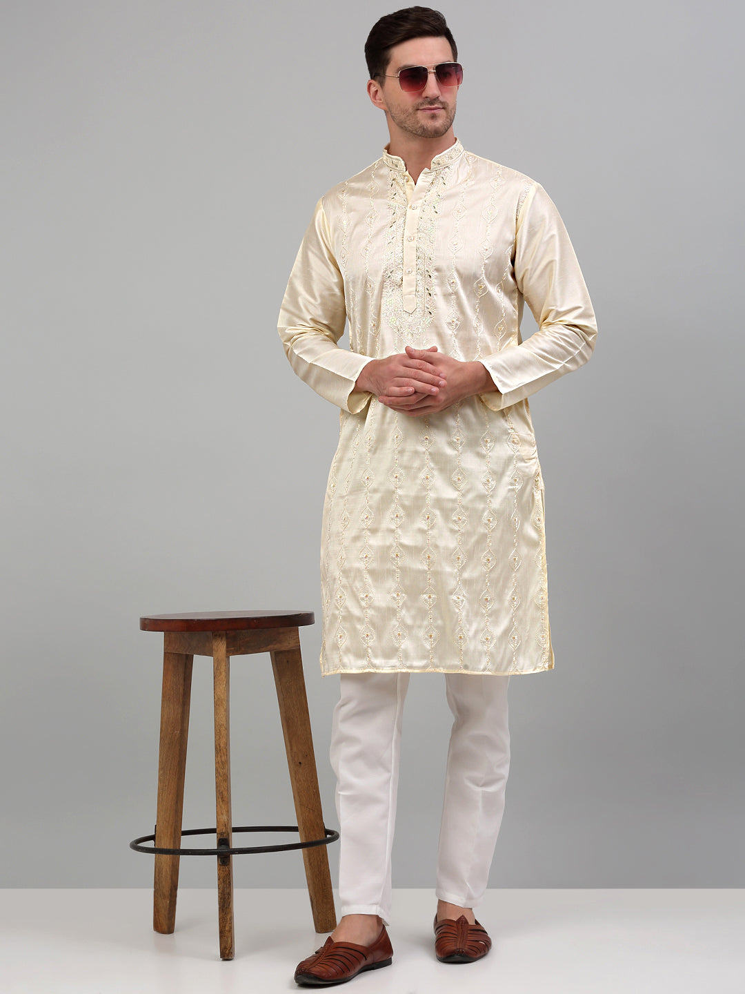 Jompers Men's Cream Embroidered Kurta Only
