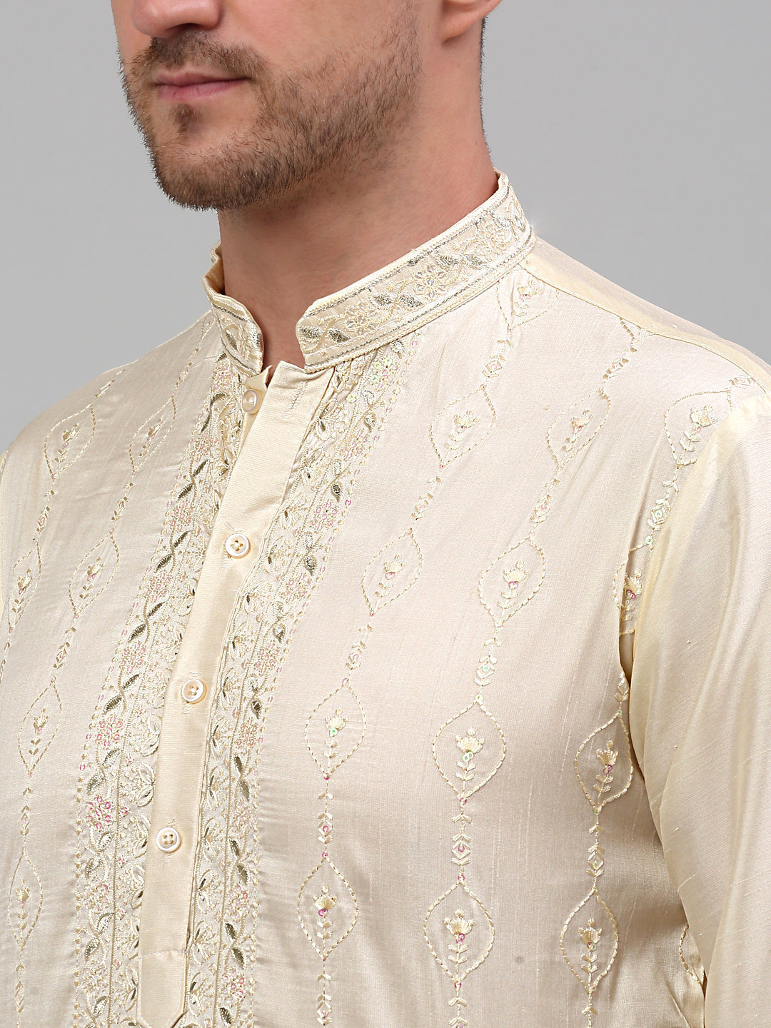 Jompers Men's Cream Embroidered Kurta Only