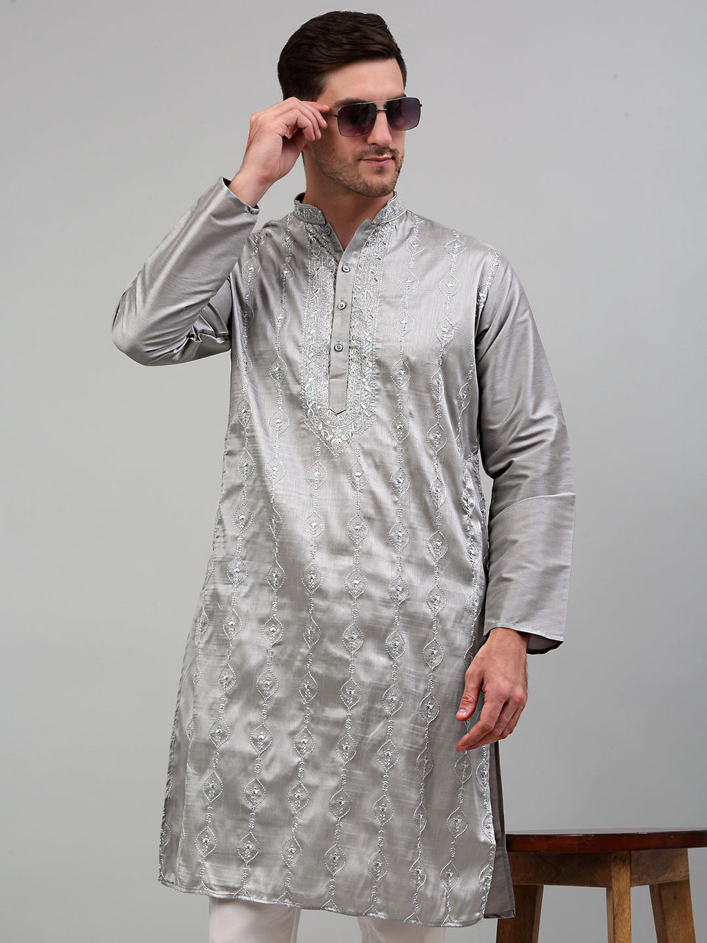 Jompers Men's Grey Embroidered Kurta Only