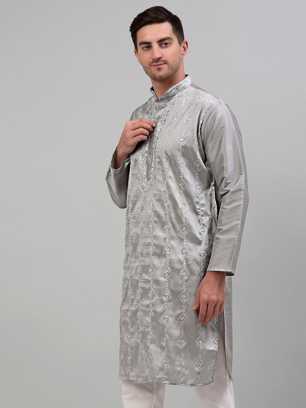 Jompers Men's Grey Embroidered Kurta Only