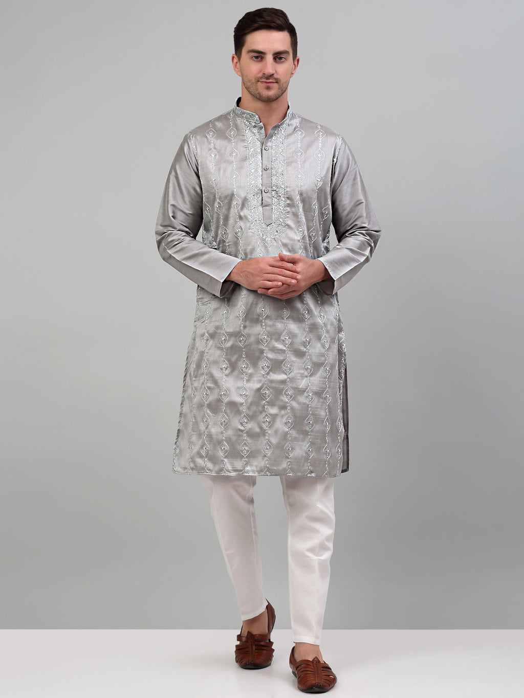 Jompers Men's Grey Embroidered Kurta Only