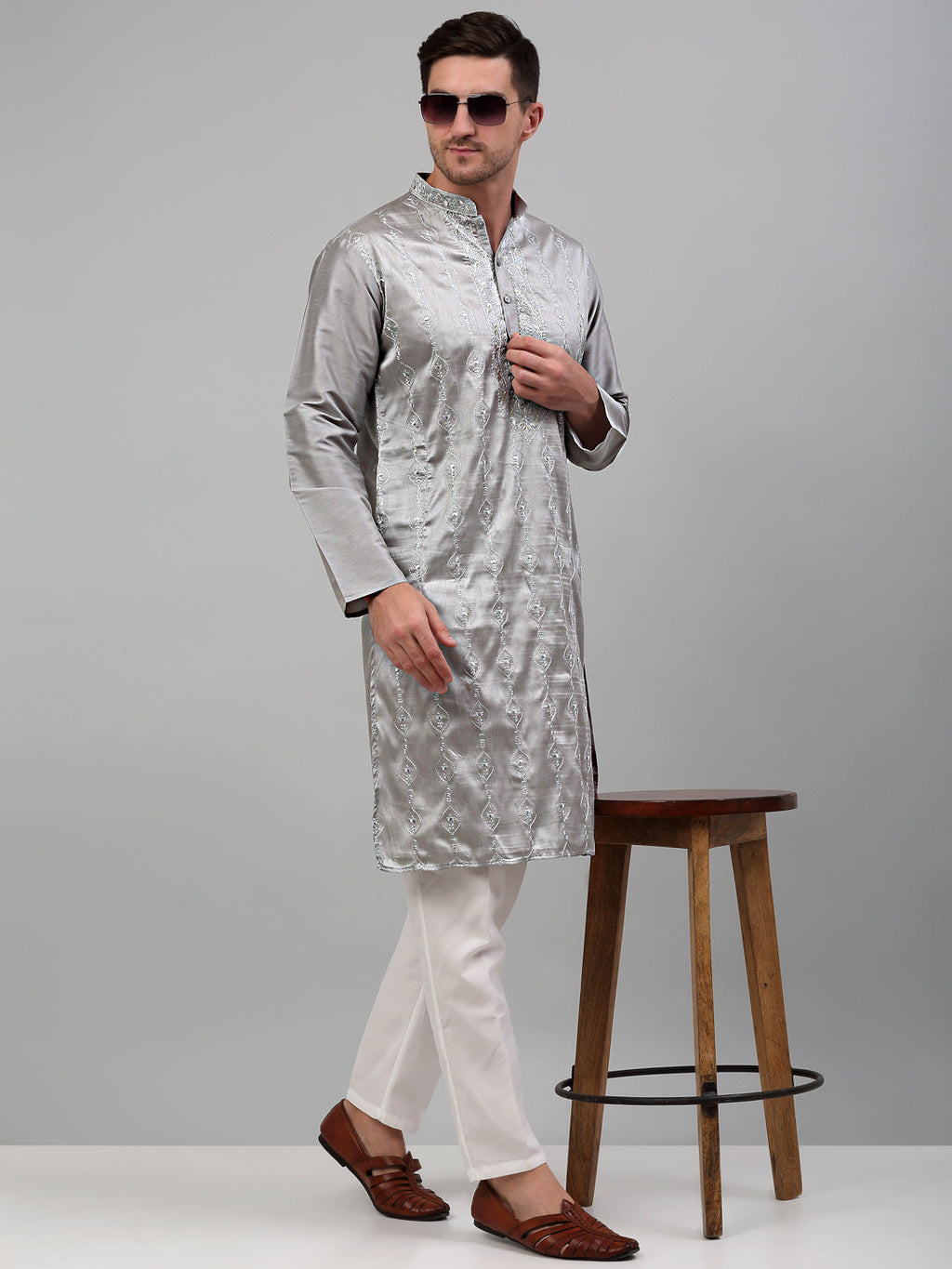 Jompers Men's Grey Embroidered Kurta Only