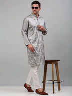 Jompers Men's Grey Embroidered Kurta Only