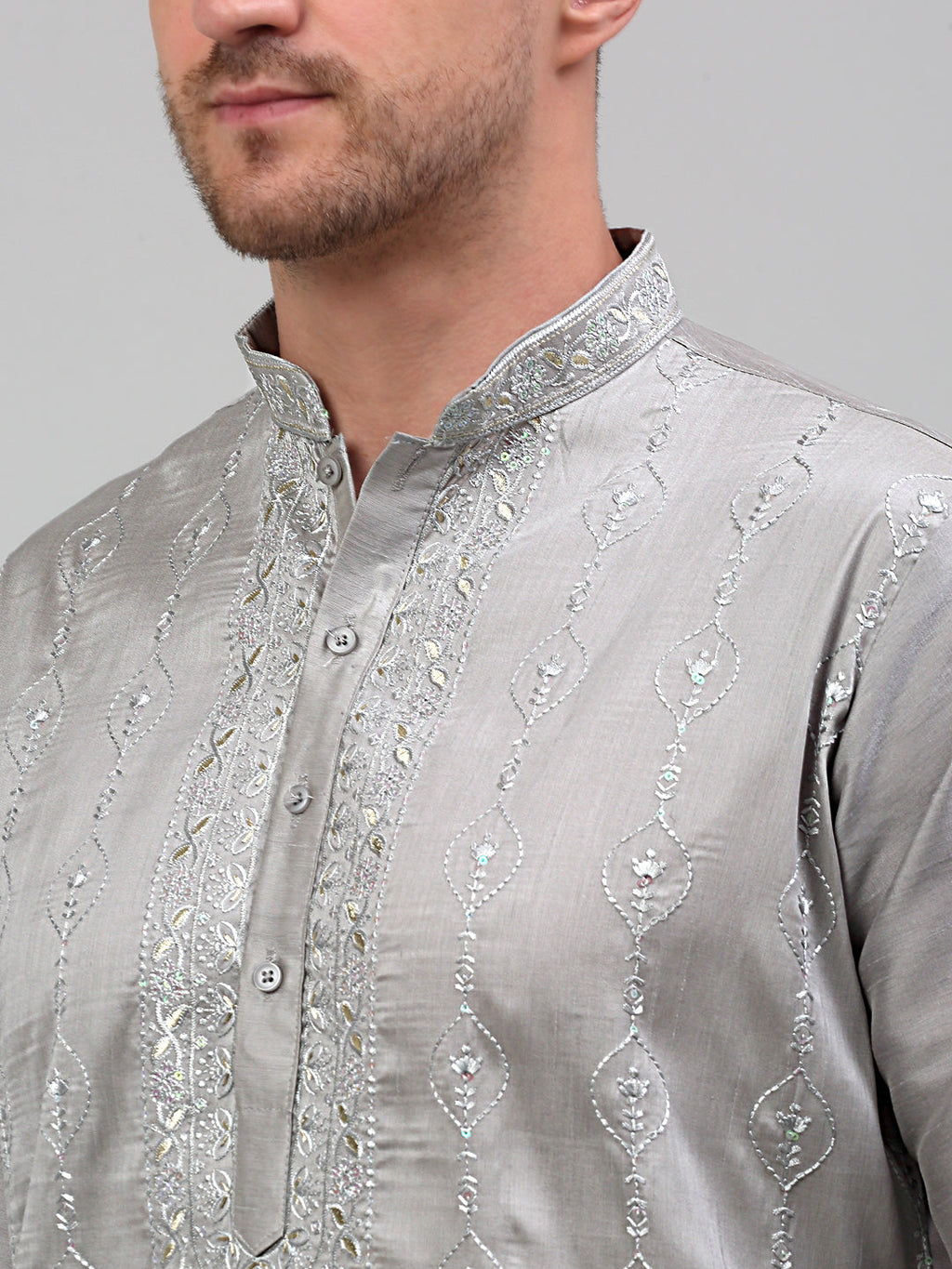 Jompers Men's Grey Embroidered Kurta Only