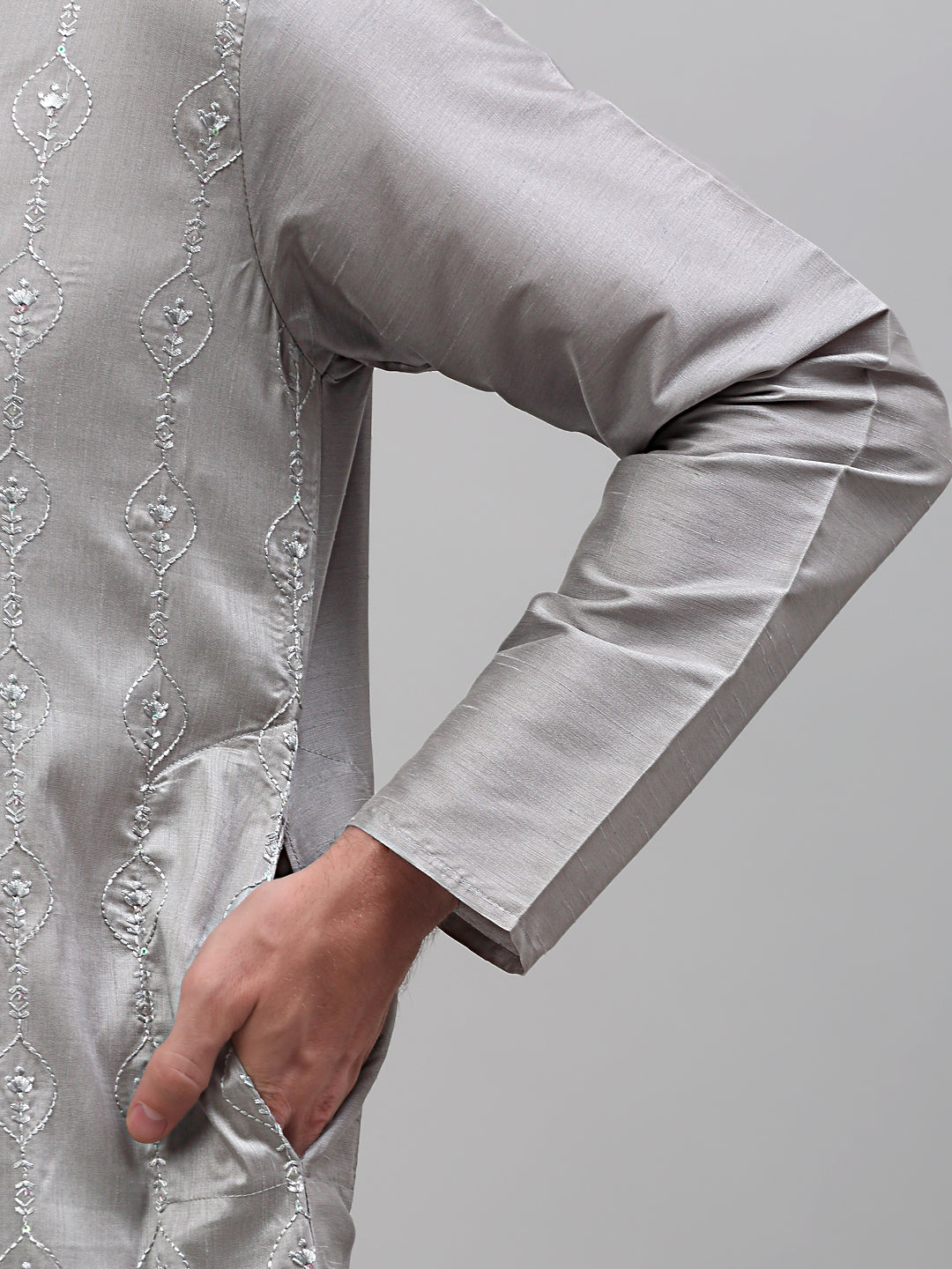 Jompers Men's Grey Embroidered Kurta Only