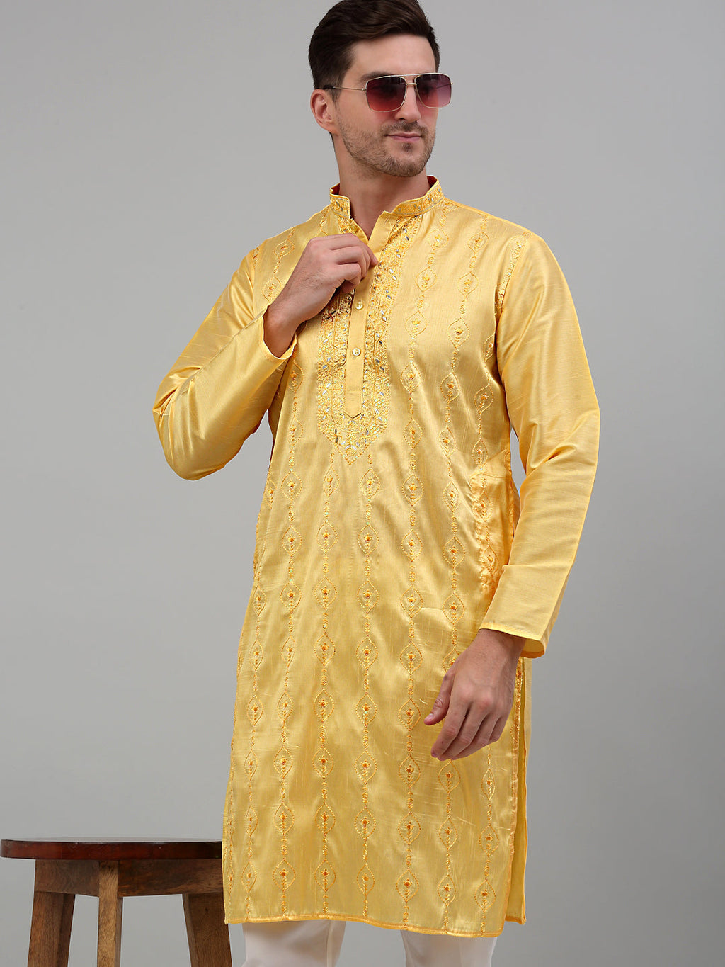Jompers Men's Yellow Embroidered Kurta Only