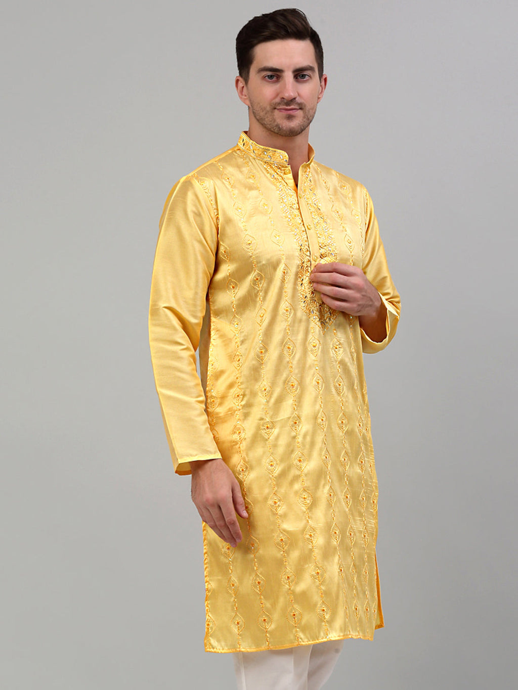 Jompers Men's Yellow Embroidered Kurta Only