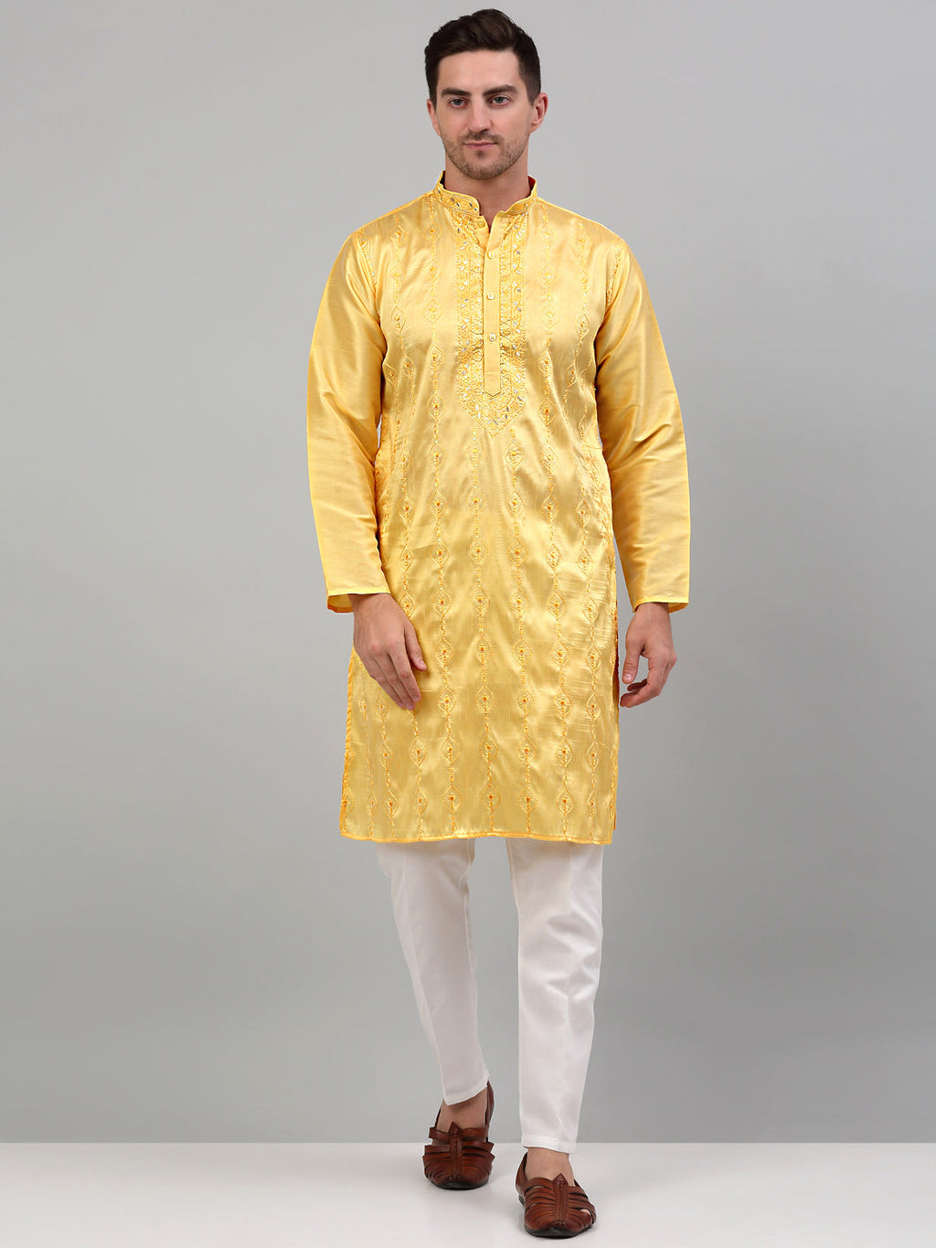 Jompers Men's Yellow Embroidered Kurta Only