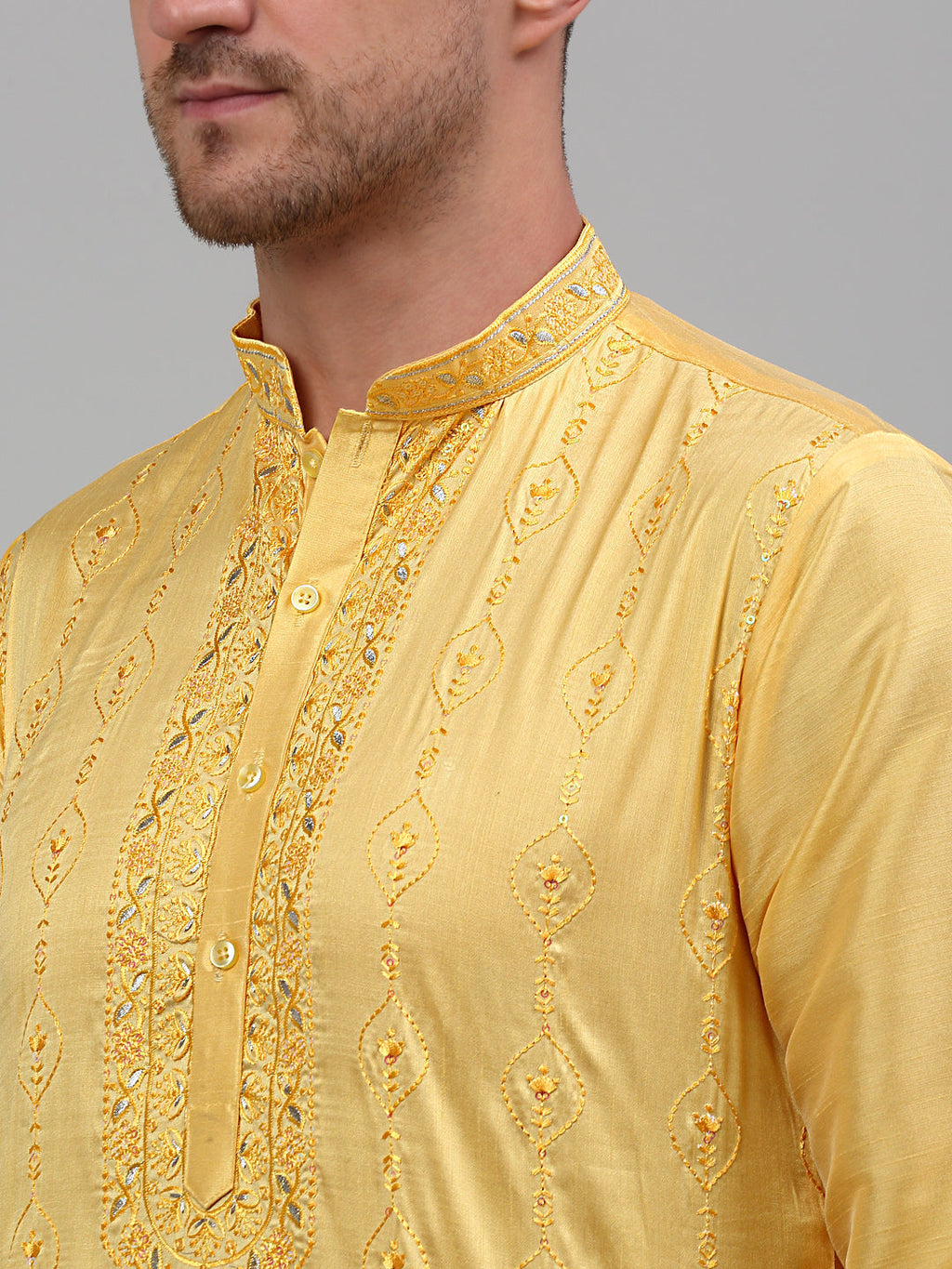 Jompers Men's Yellow Embroidered Kurta Only