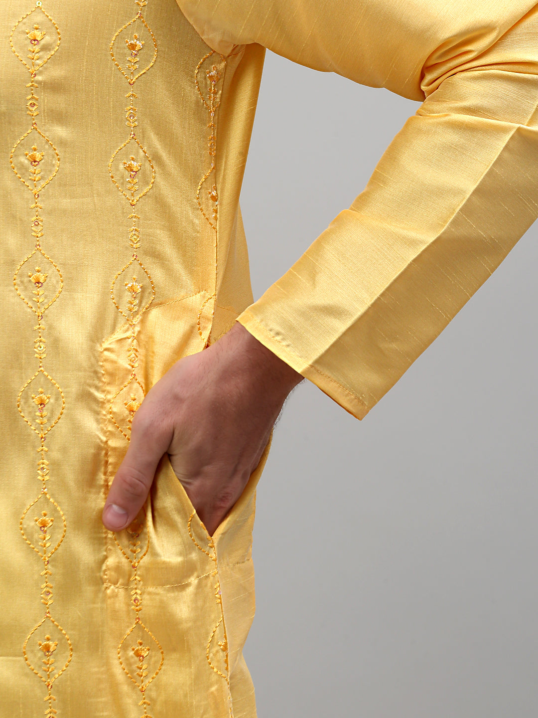 Jompers Men's Yellow Embroidered Kurta Only
